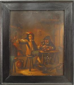 Renaissance oil painting of 2 figures at a table