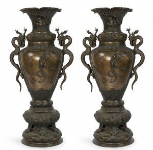 Pair of japanese style bronze palace urns