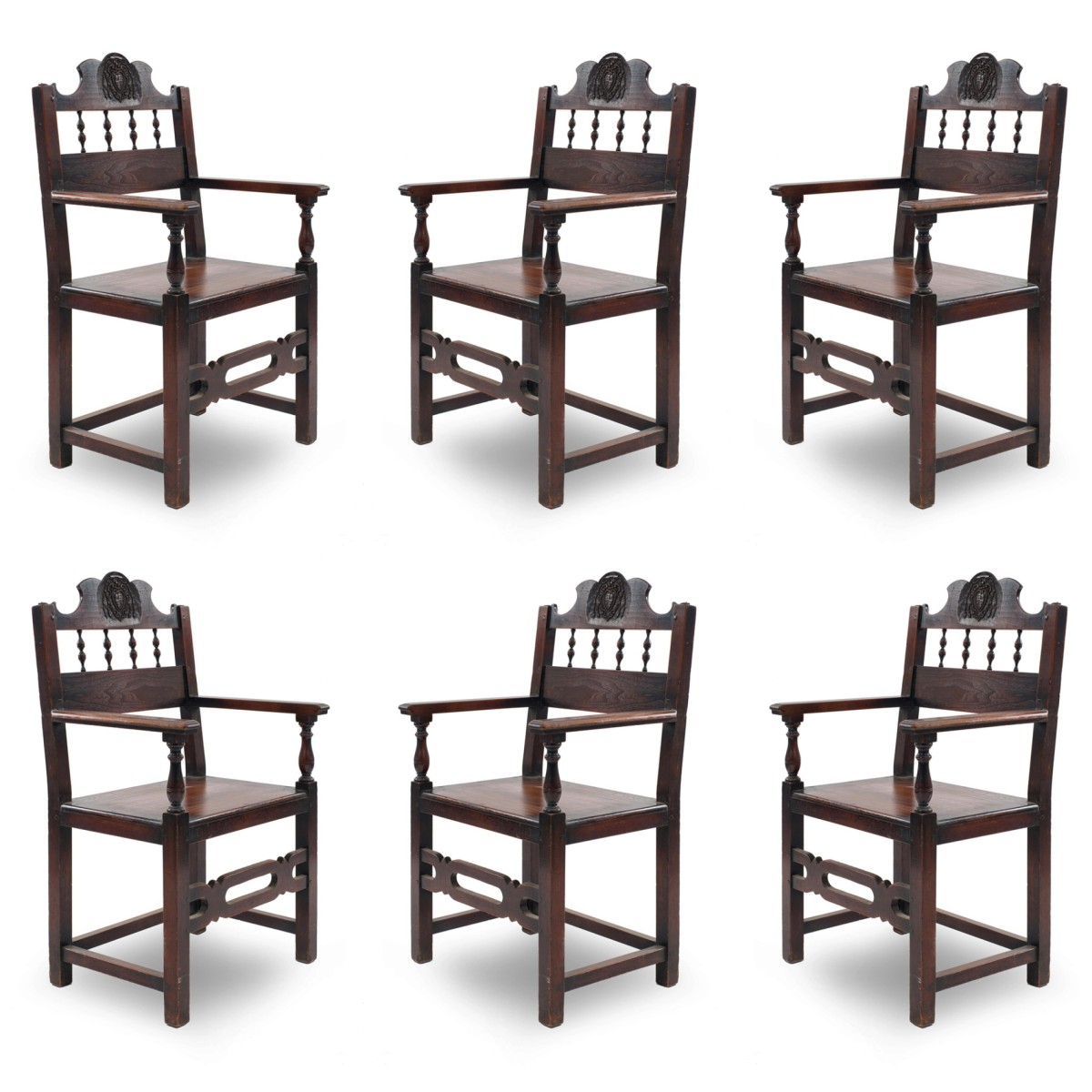 Set of 7 english renaissance walnut arm chairs