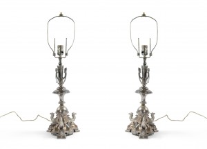 English regency style silverplate camel table lamps