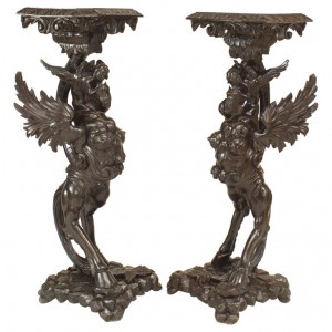 Pair of italian walnut winged griffin pedestals