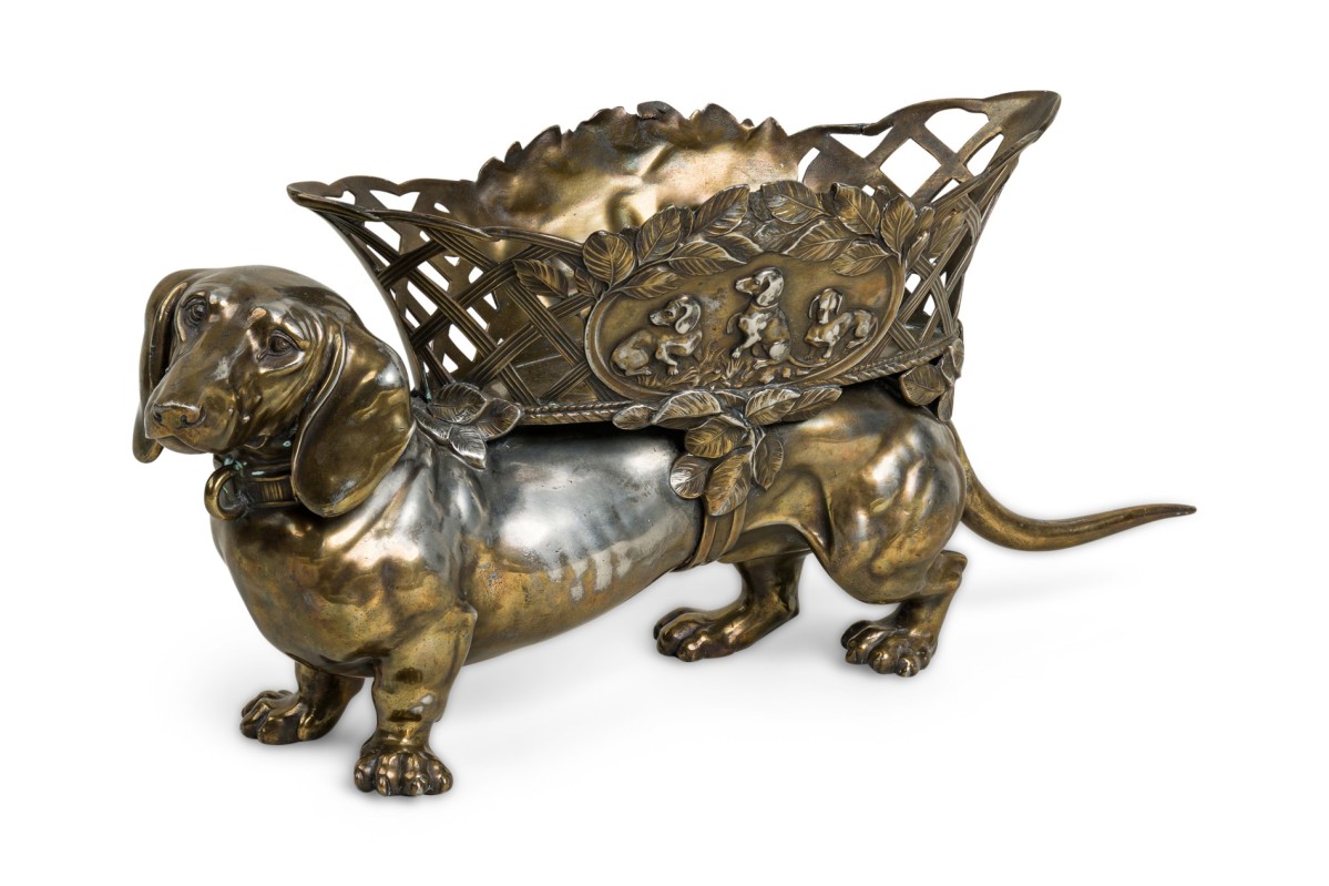 Antique art nouveau silver plated dachsund figure basket