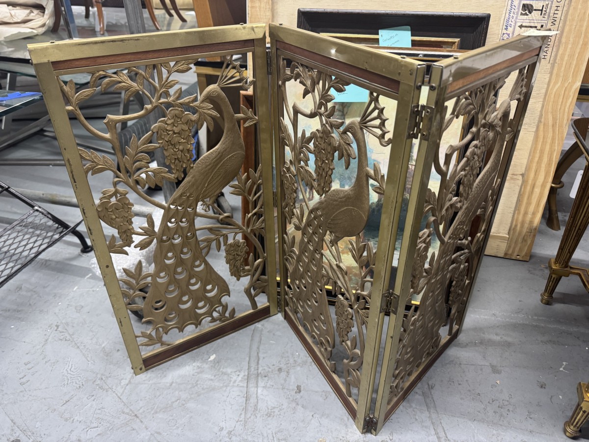 Art nouveau style ornate openwork folding bronze fire screen
