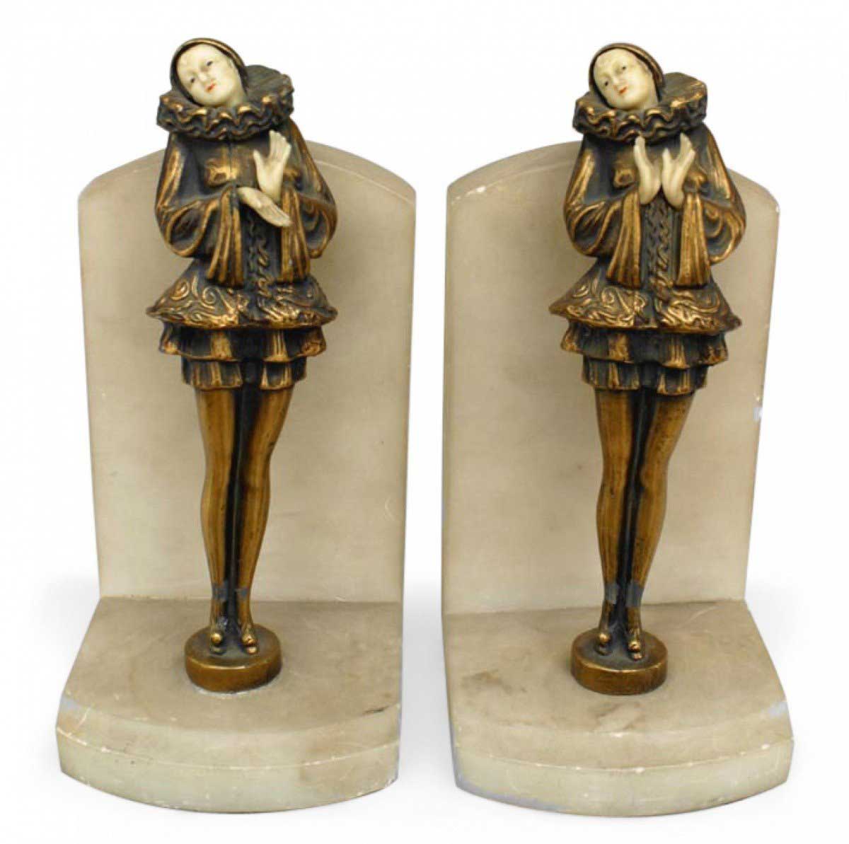 Pair of french art deco marble harlequin bookends 1