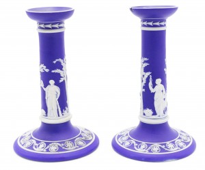 English adam blue wedgwood porcelain candlesticks