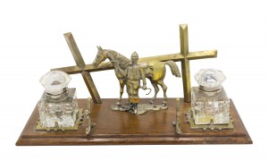 English victorian bronze double inkwell with horse