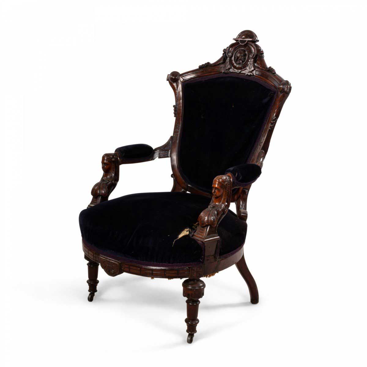 Victorian eastlake blue velvet arm chair