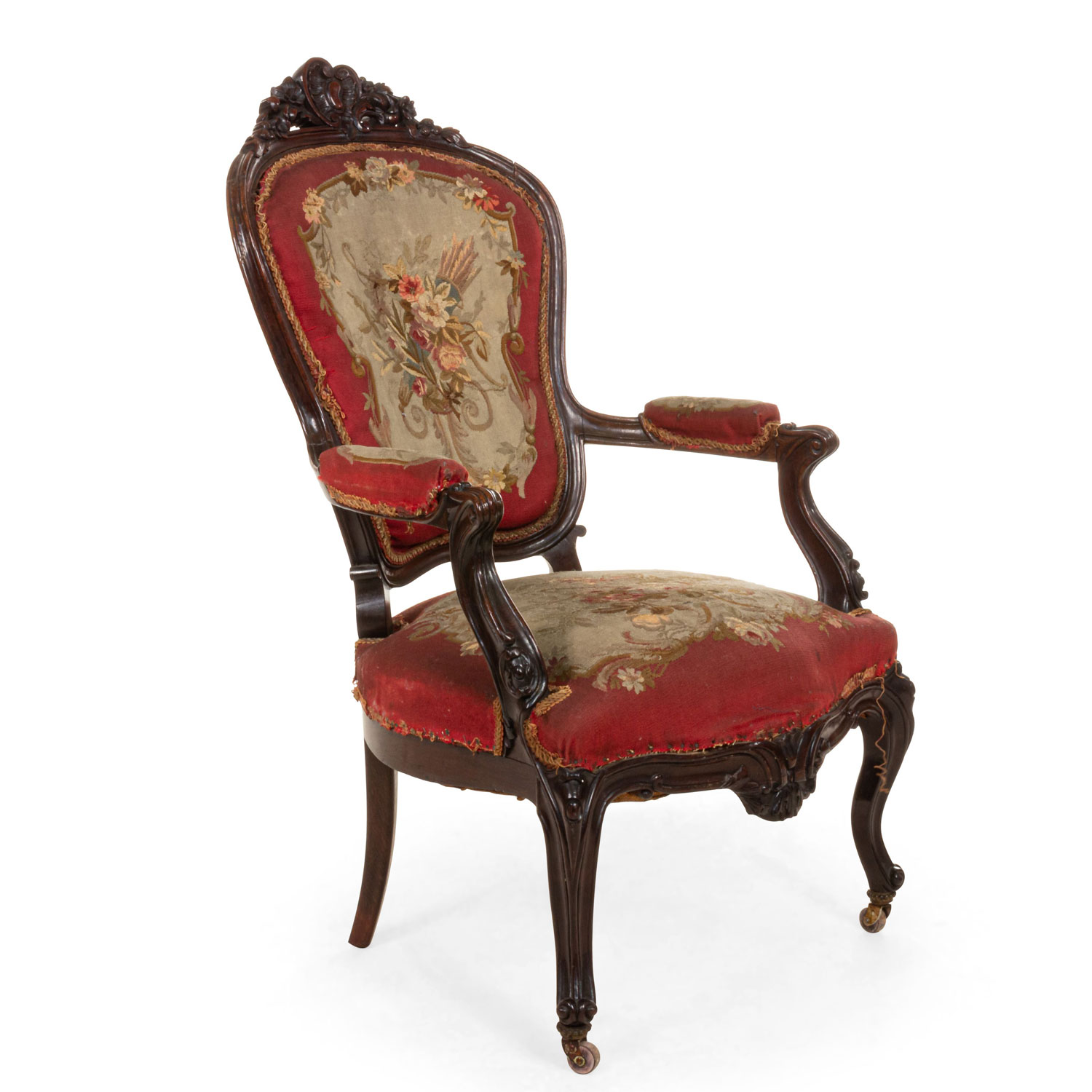 French victorian red floral arm chairs