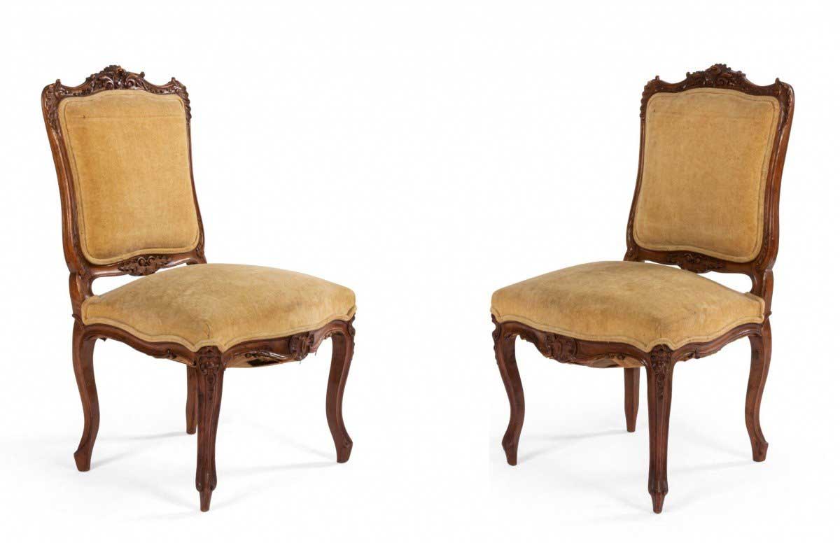 French louis xv velvet walnut side chairs