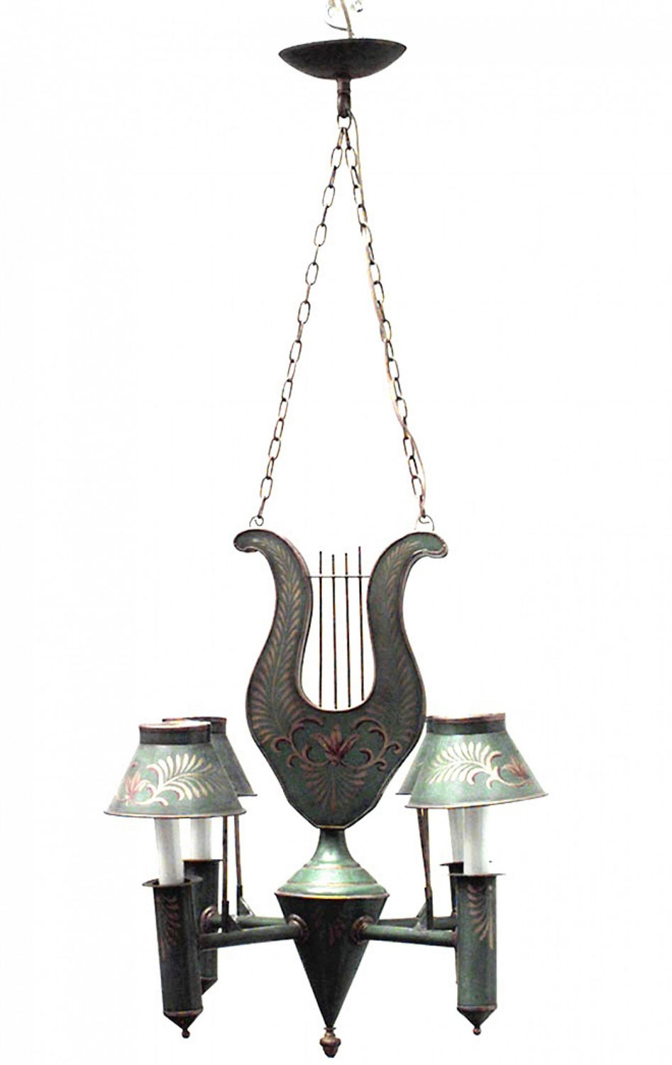 French directoire style green tole and gilt lyre chandelier