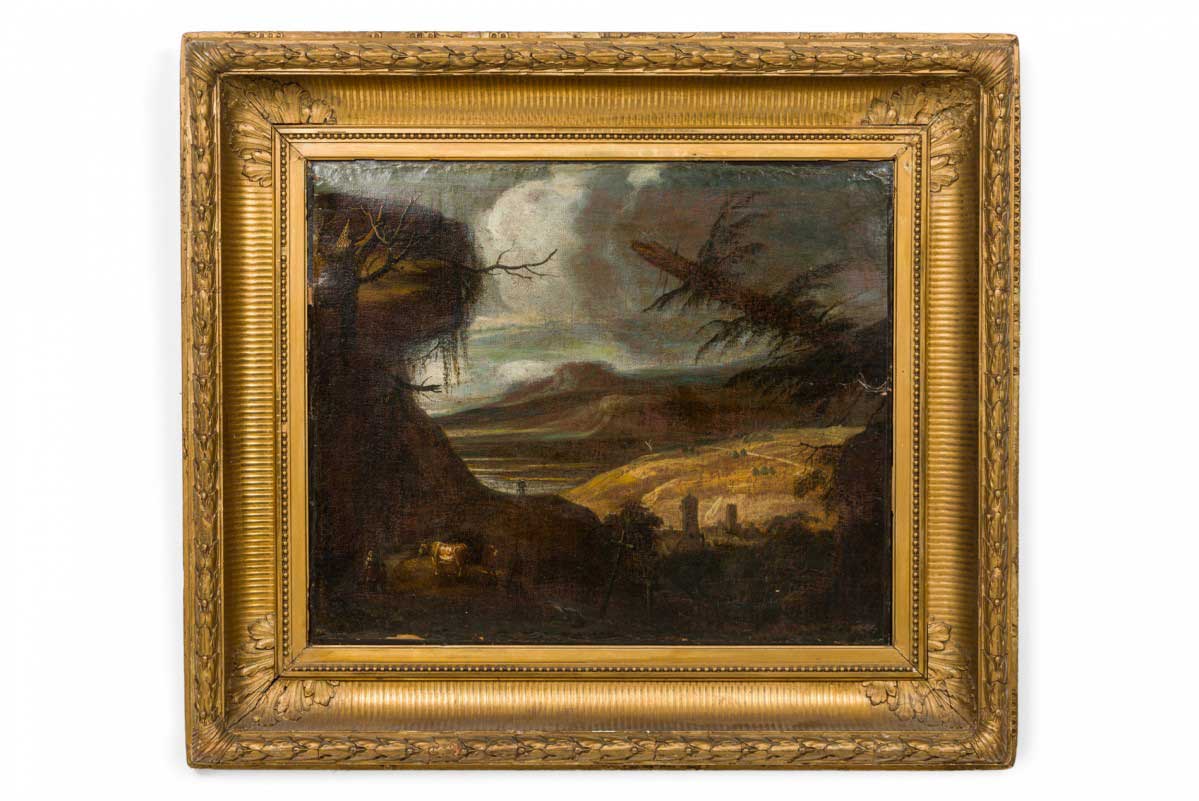 English victorian landscape of a cow in a valley