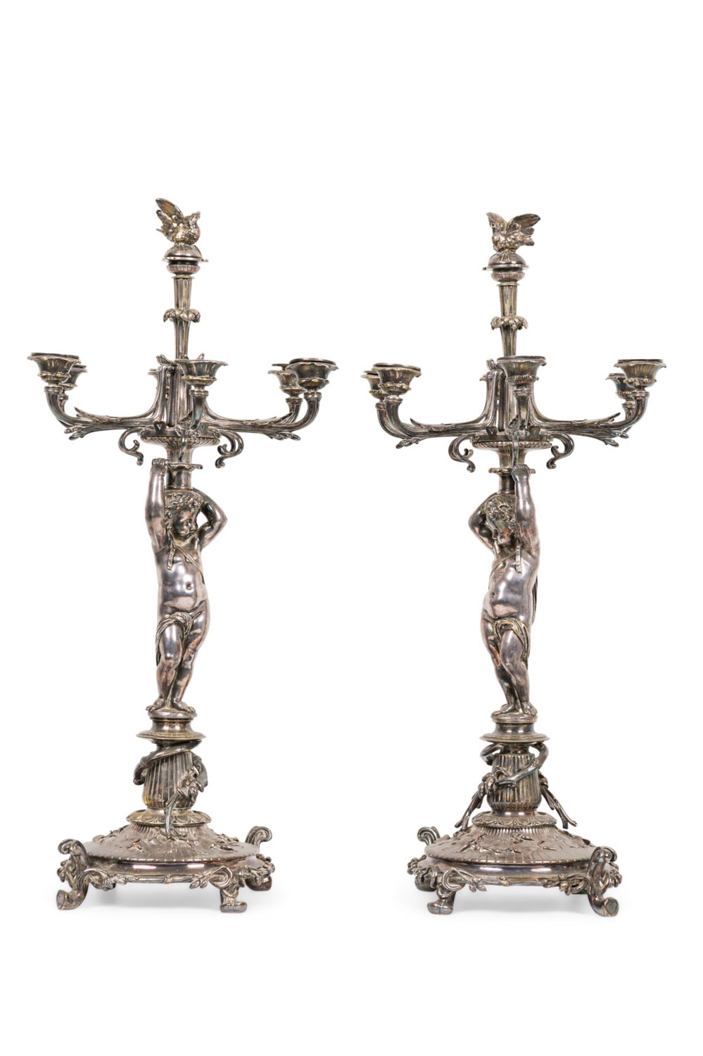 French victorian silver plated cupid candelabras