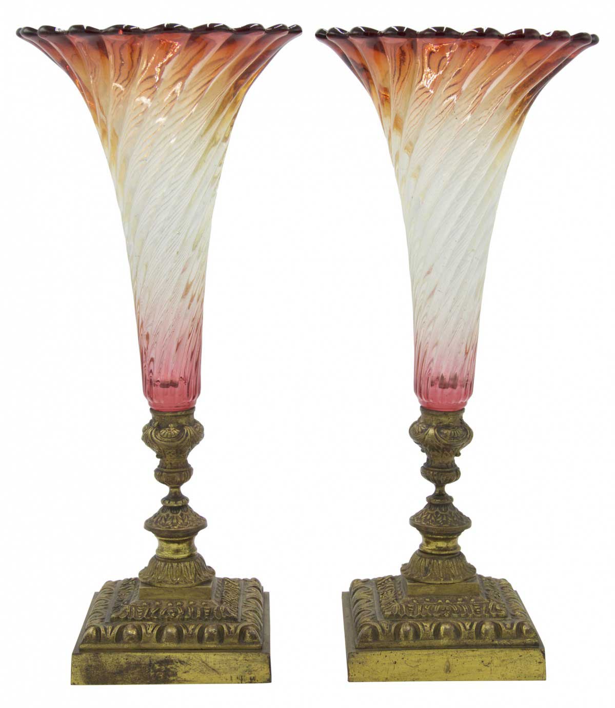 Pair of french victorian cranberry swirl glass vases