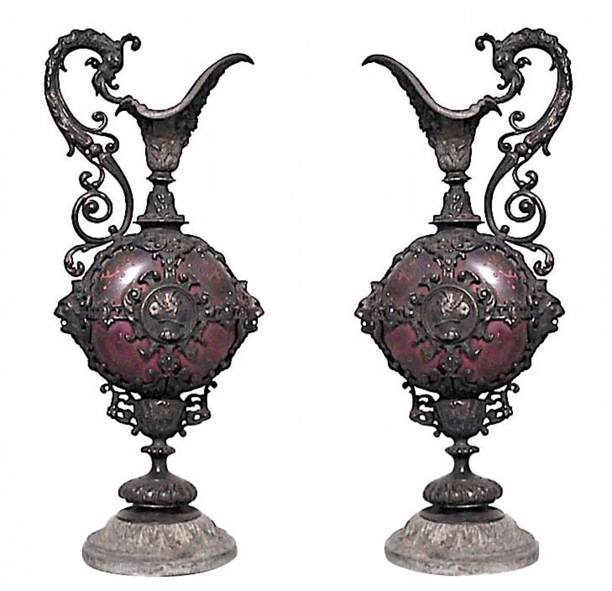 Pair of french victorian metal ewers