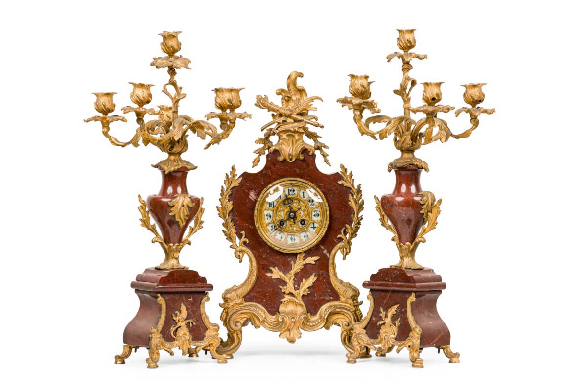 3 Piece french louis xv style bronze clock set