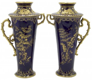 Pair of english victorian cobalt blue porcelain vases