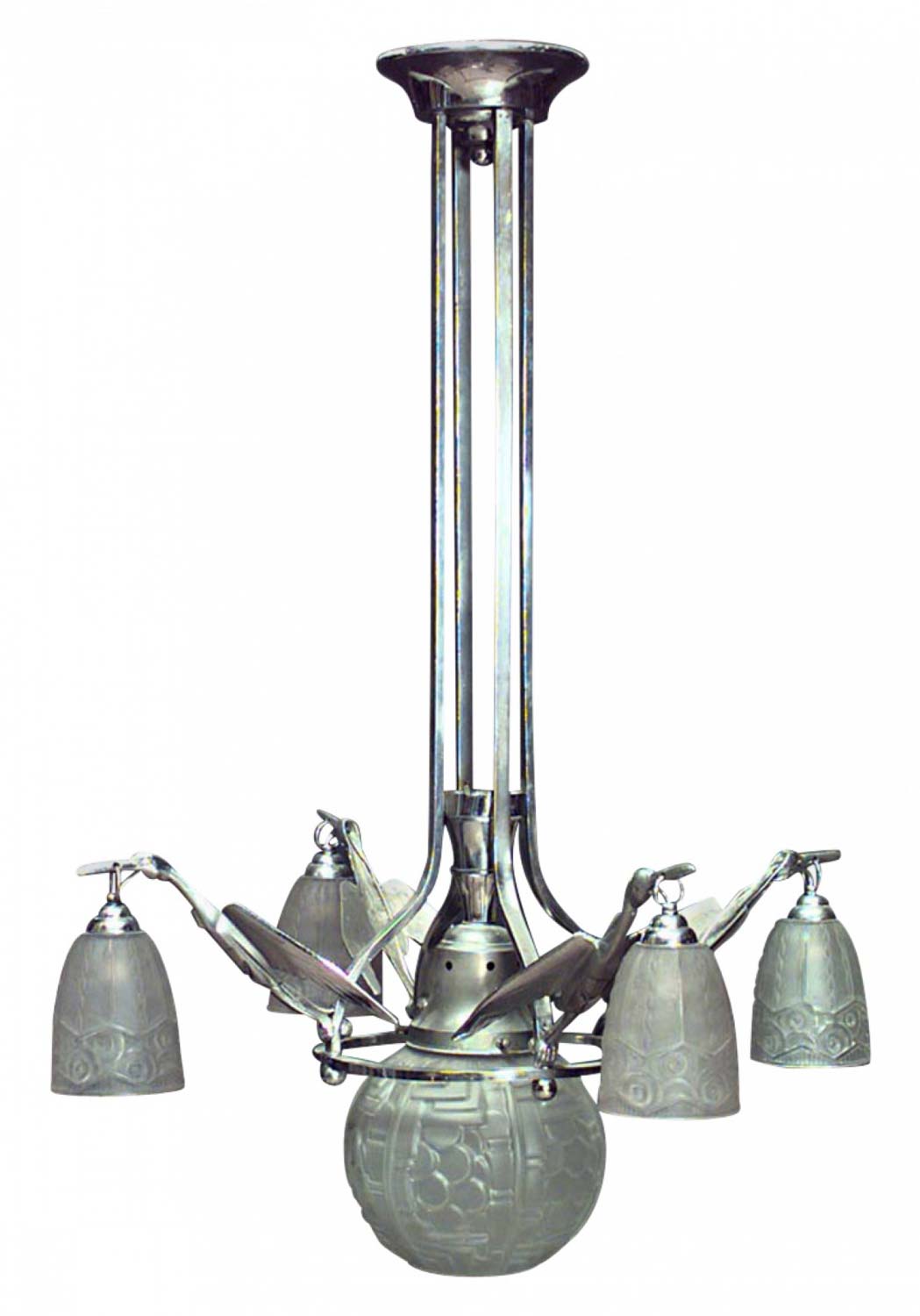 French Art Deco Glass and Chrome Heron Chandelier