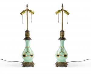 French victorian celadon glass table lamps