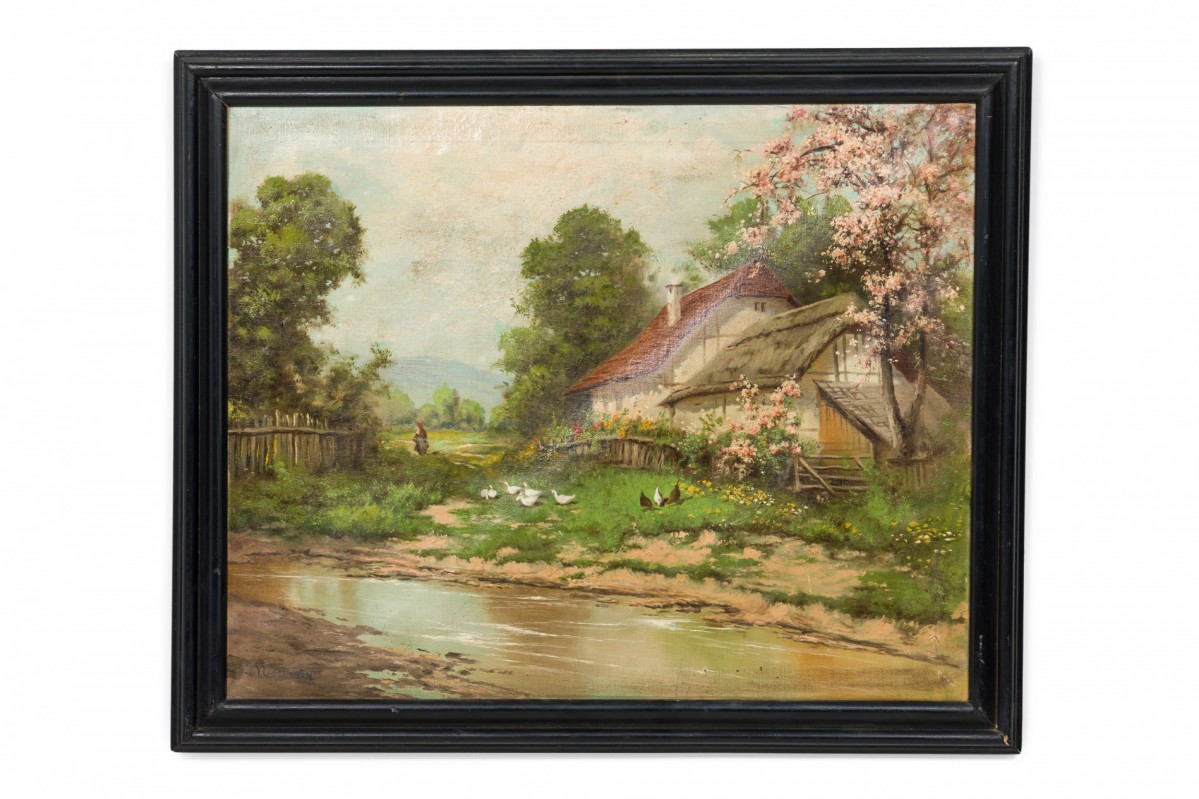 English victorian landscape of house by a creek
