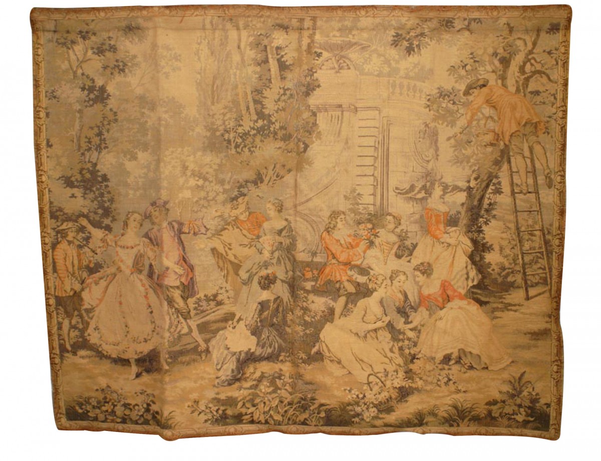 French woven tapestry of figures in a garden 1