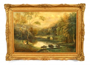 English victorian landscape of girls by a stream