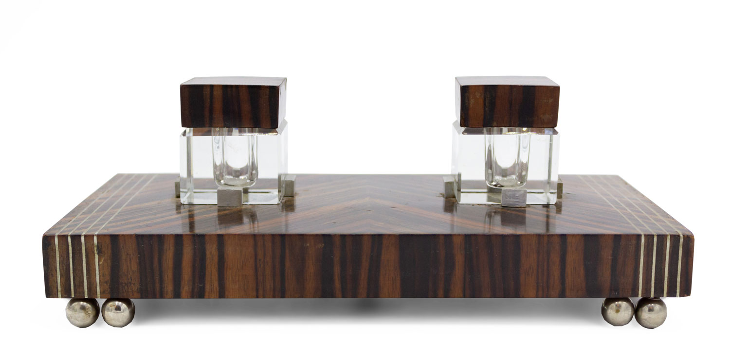 French art deco palisander and pewter inkwell 1