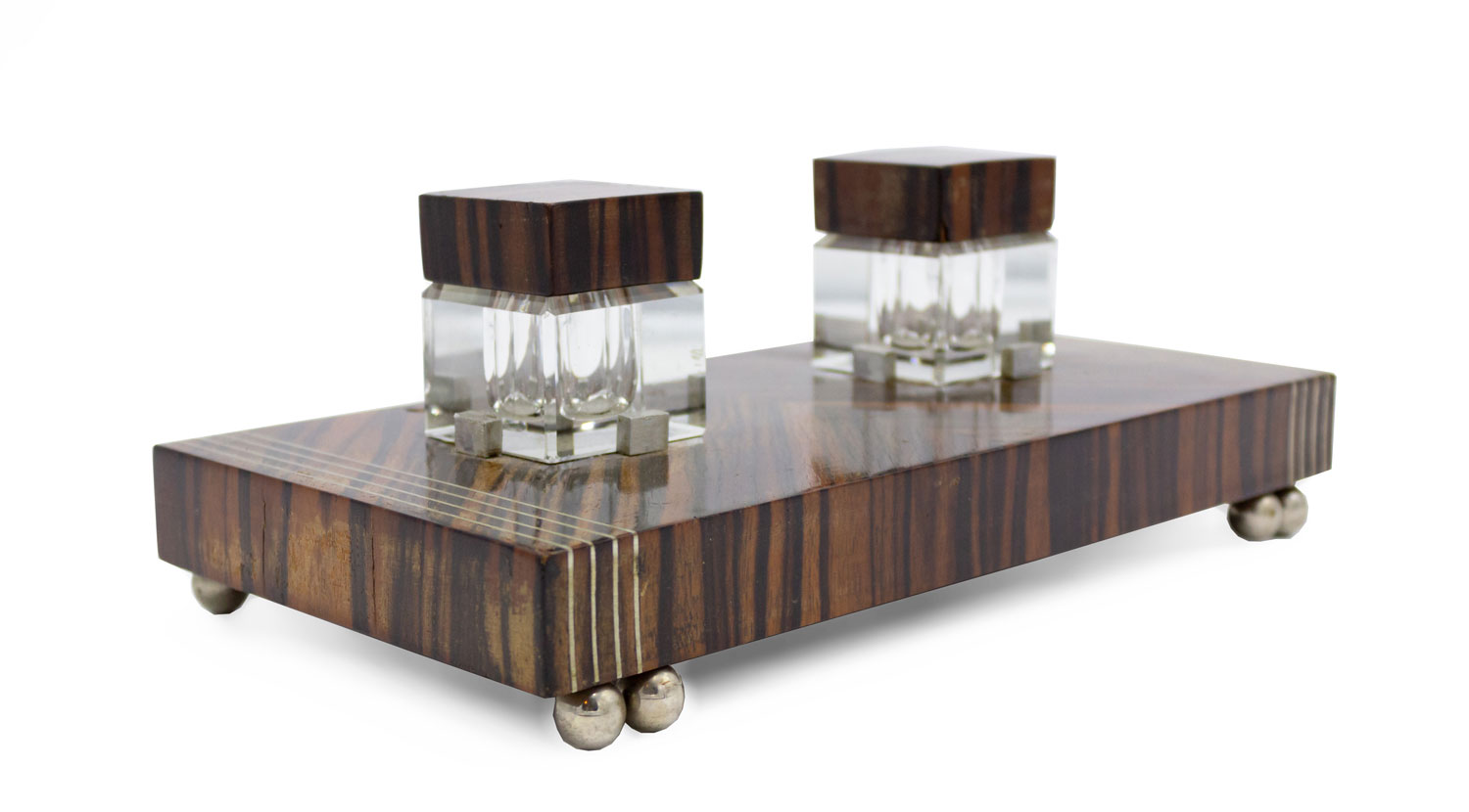 French art deco palisander and pewter inkwell 1