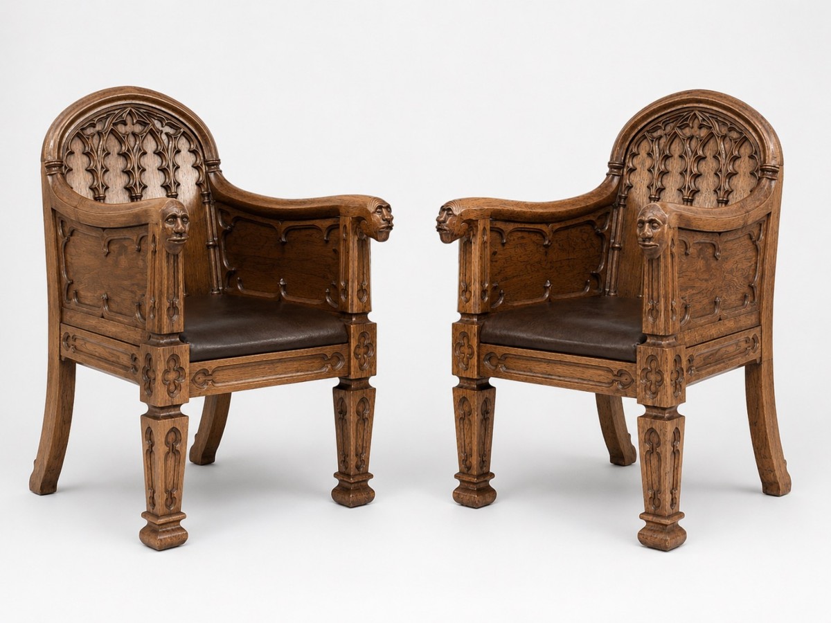 Seating armchair pair english gothic oak 054514