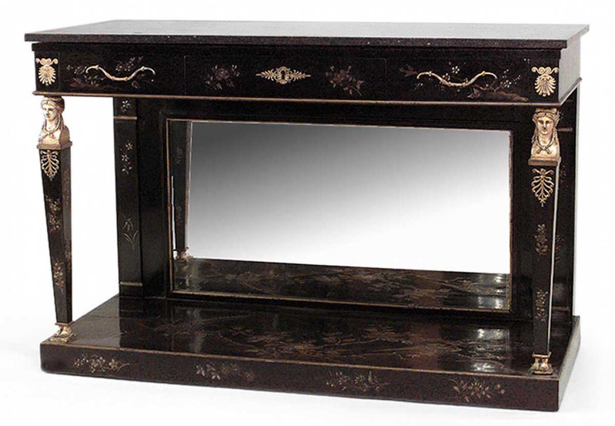 Continental empire black lacquer chinoiserie console table