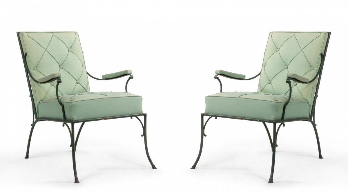 French green cushions iron arm chairs