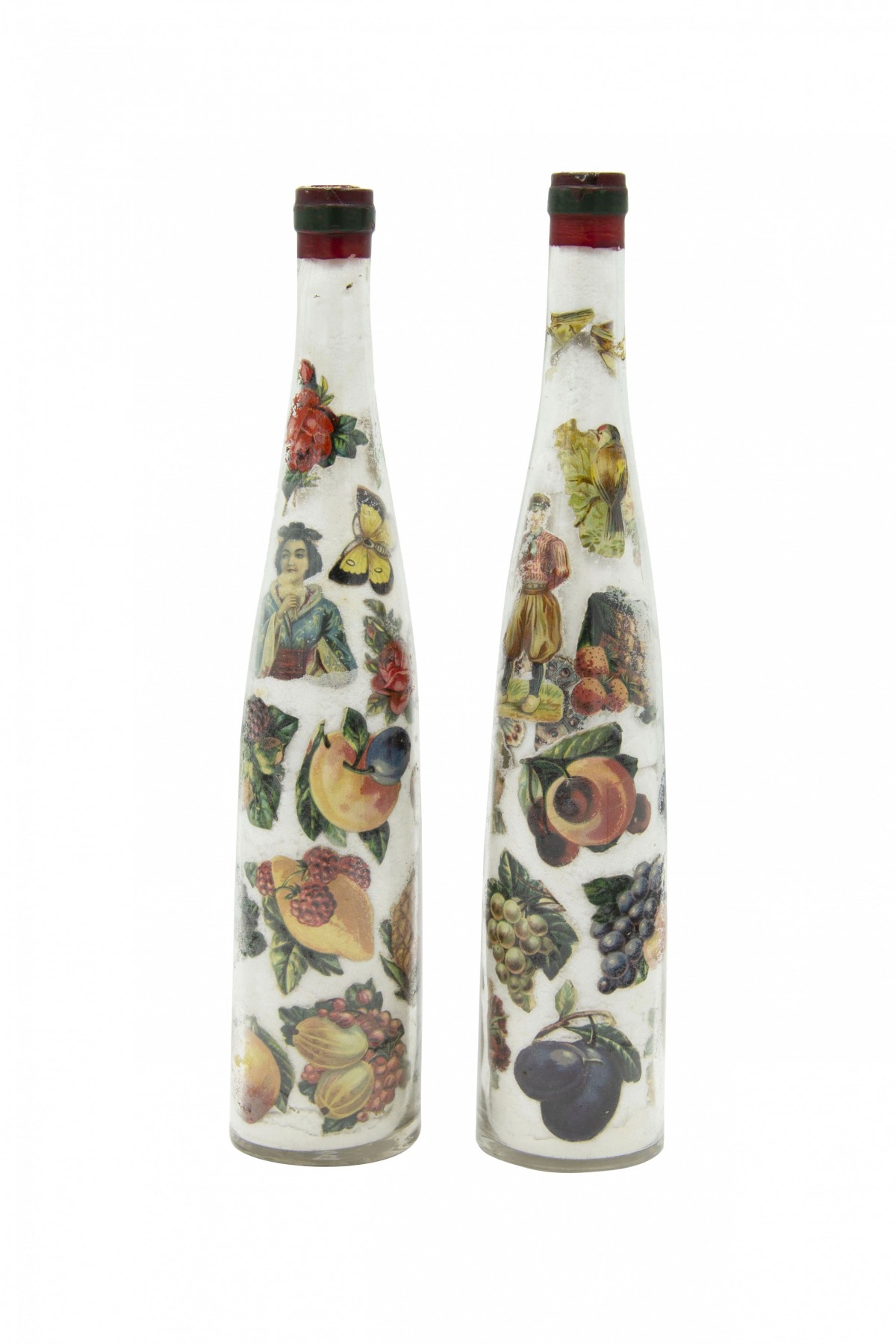 Pair french victorian decoupage wine bottles
