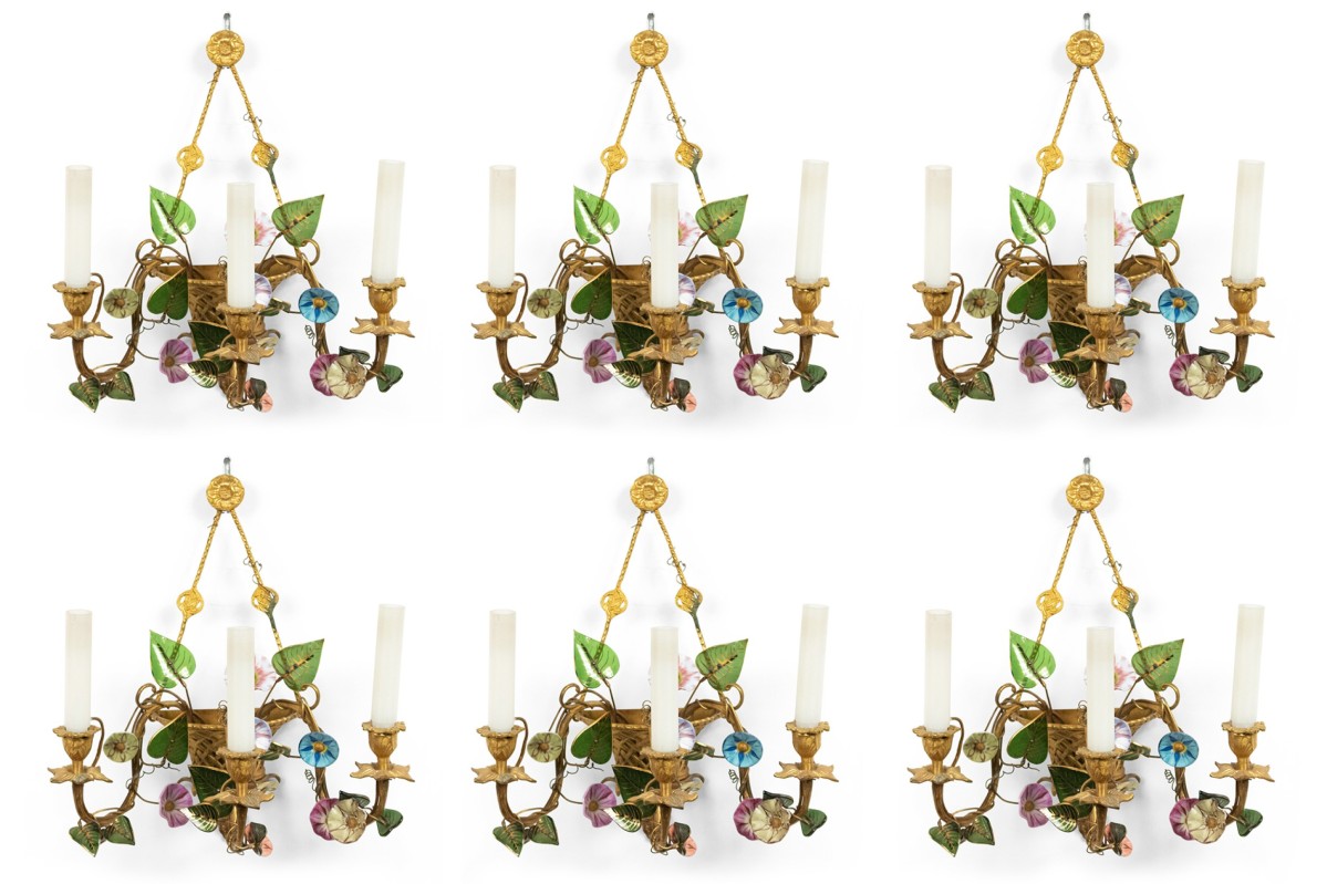 French louis xvi style bronze dore and opaline wall sconces