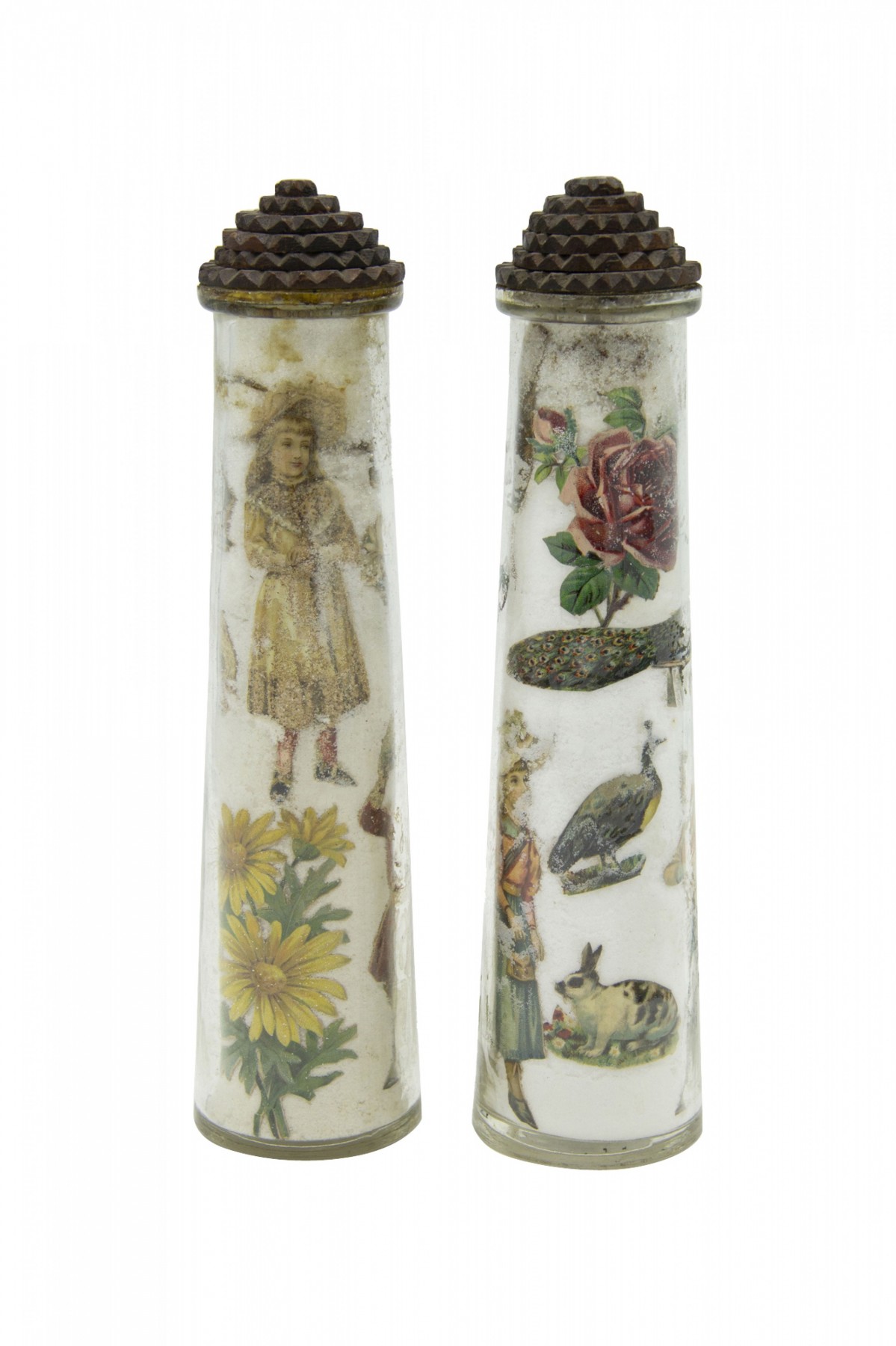 Pair english victorian decoupage glass bottles