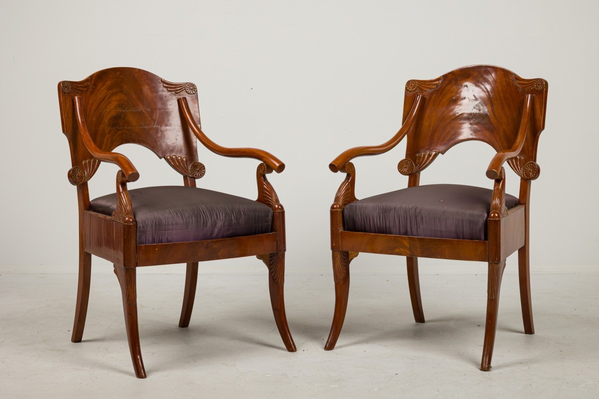 Russian mahogany foliate arm chairs
