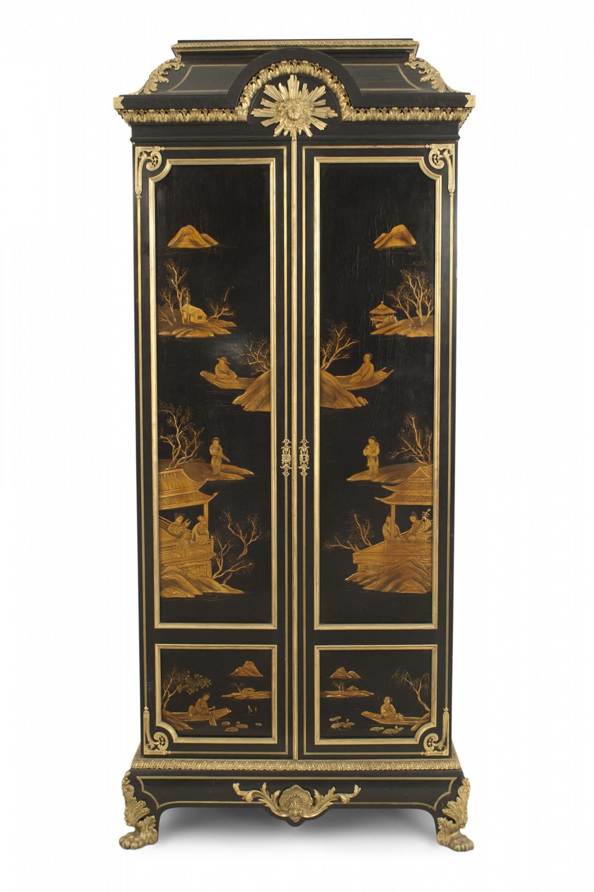 French victorian black lacquered Chinoiserie armoire
