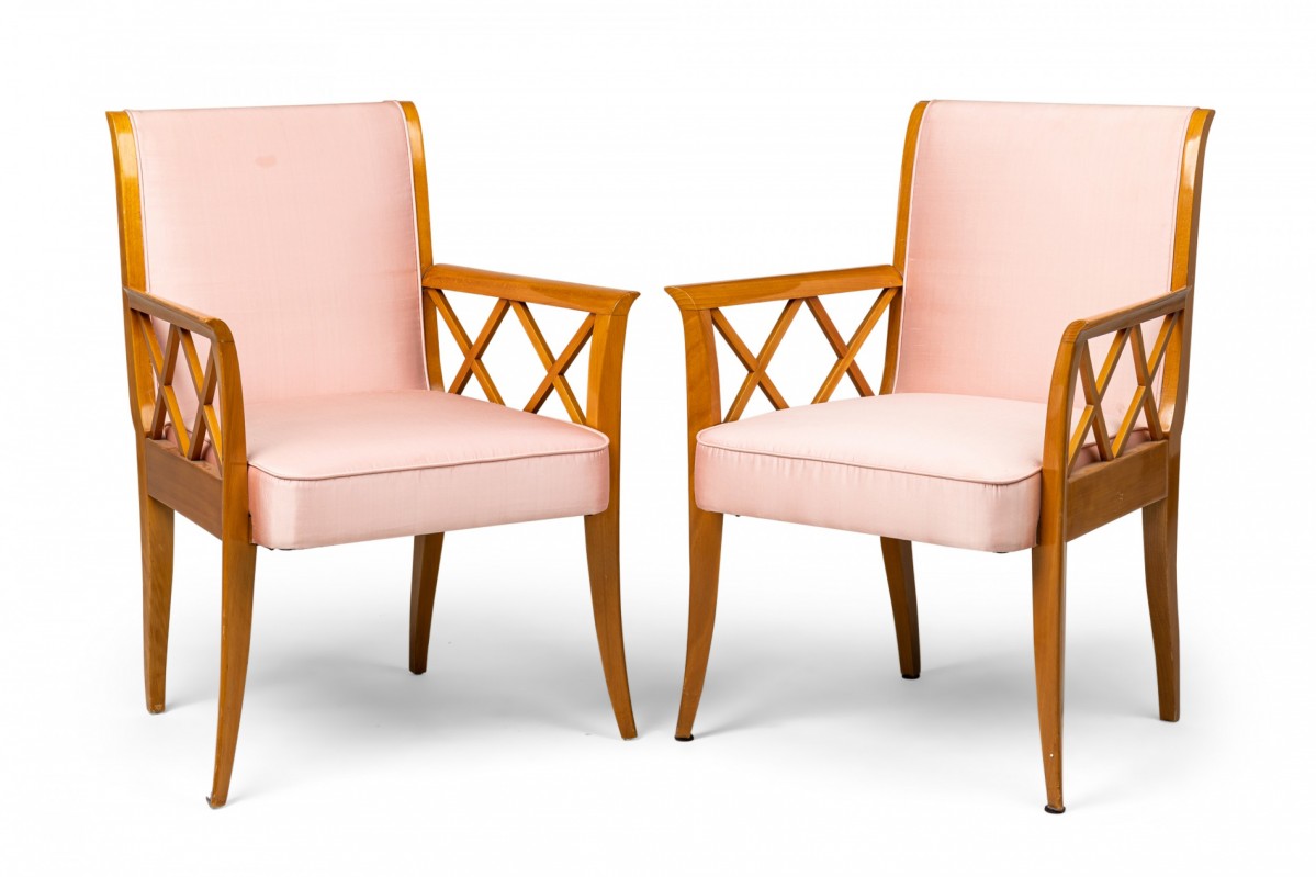 French maple lattice pink upholstered arm chairs 1