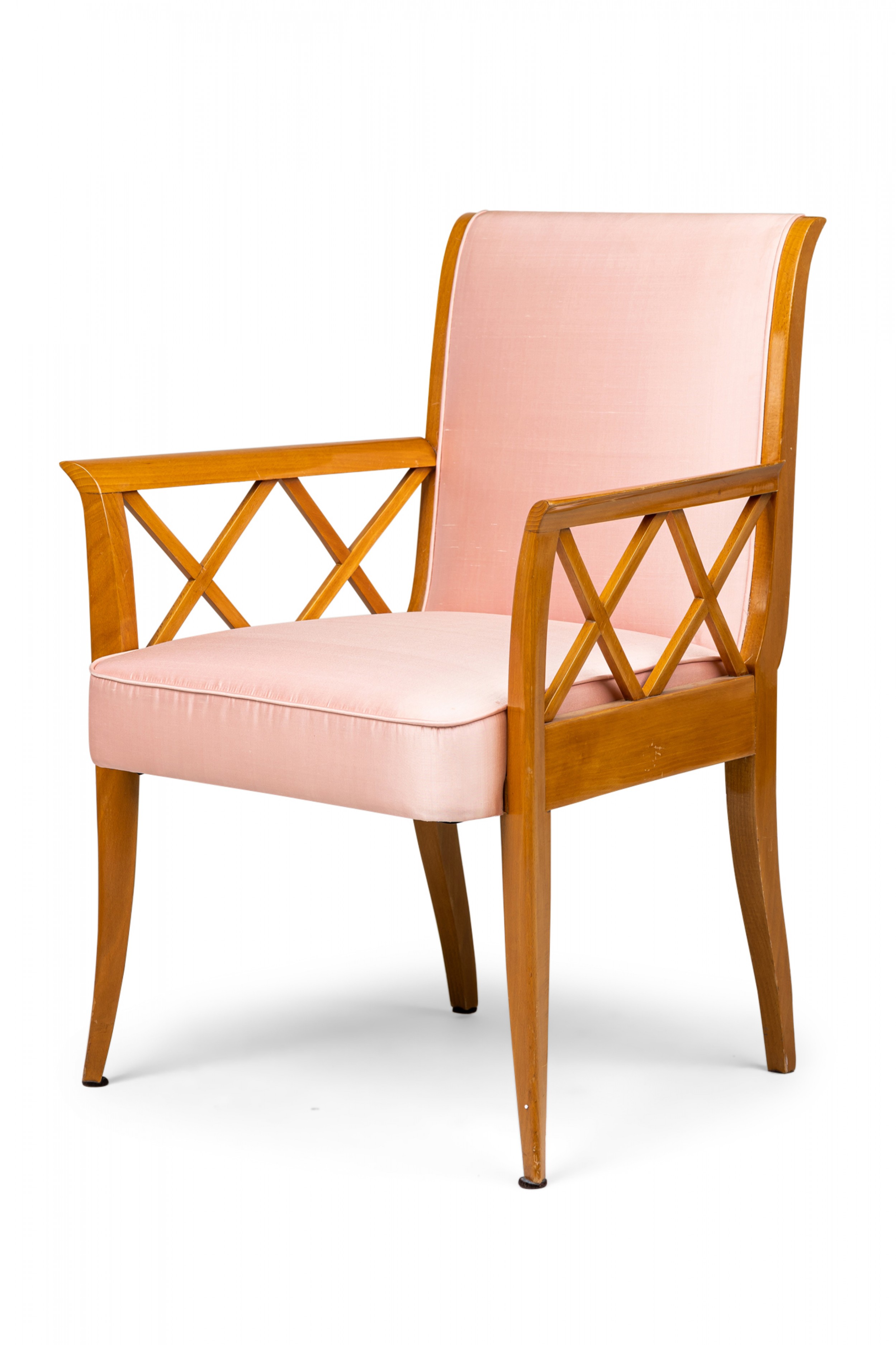 French maple lattice pink upholstered arm chairs 1