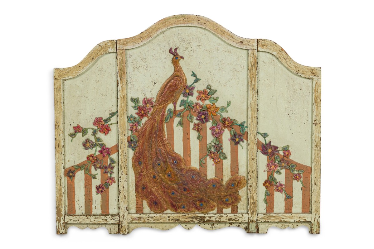 Hand painted tri fold peacock screen