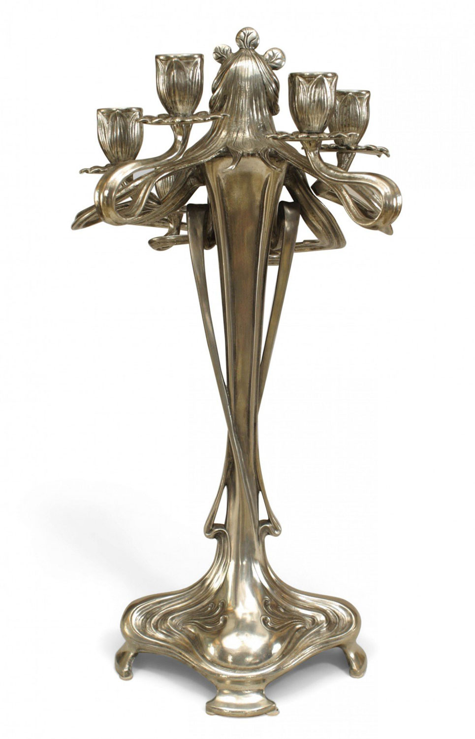 Art nouveau silvered pewter figural candelabras