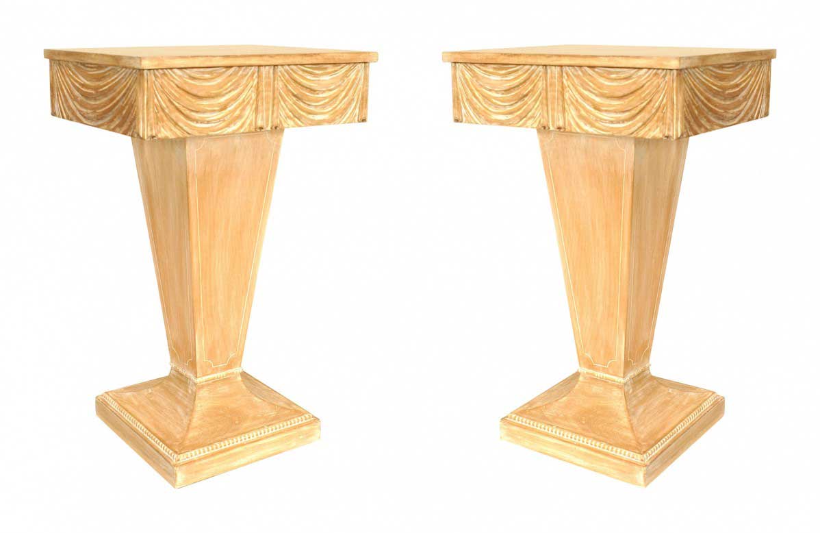 Art moderne carved stripped end tables