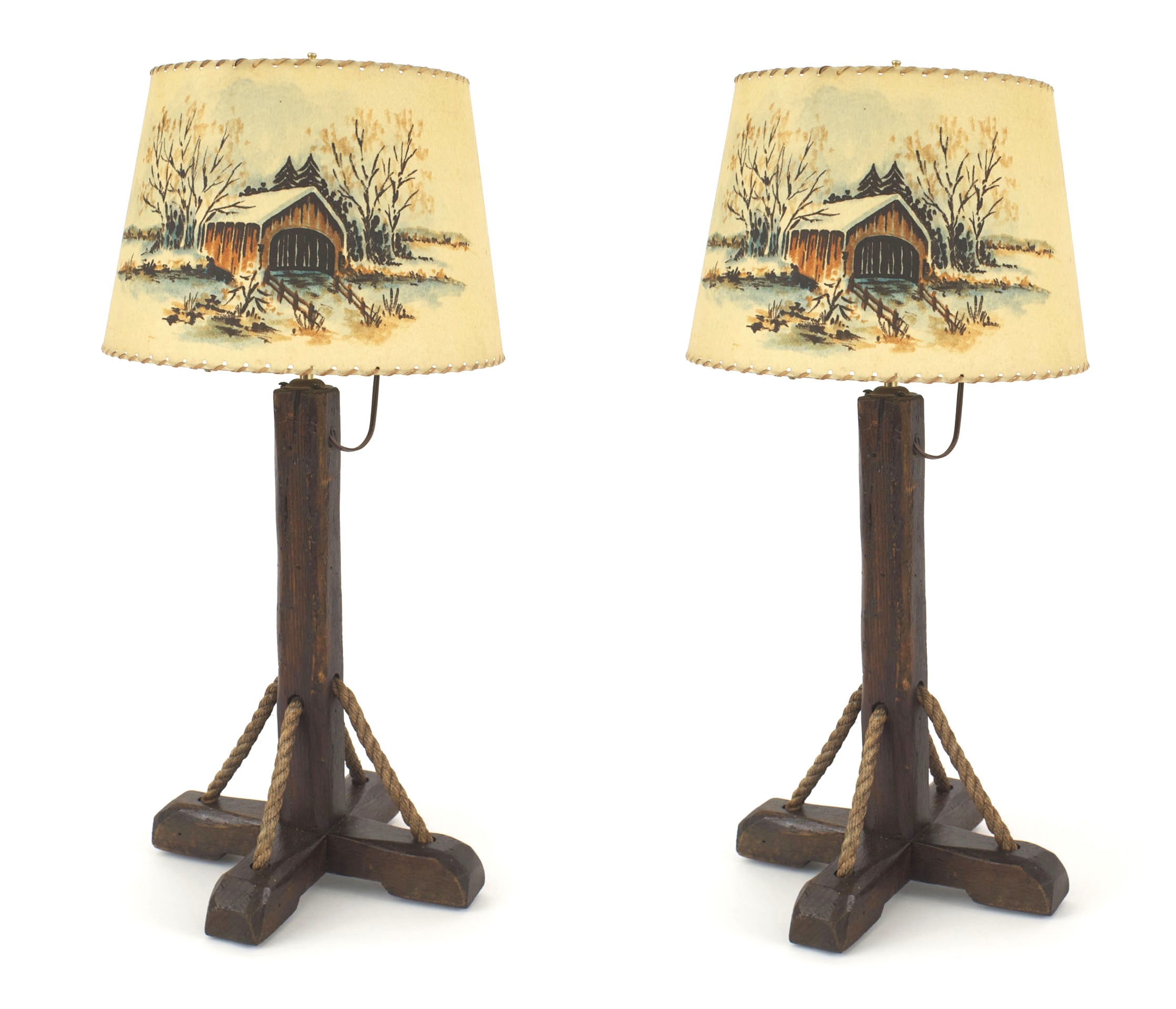 pair of american rustic old hickory 1930s table lamps with an x