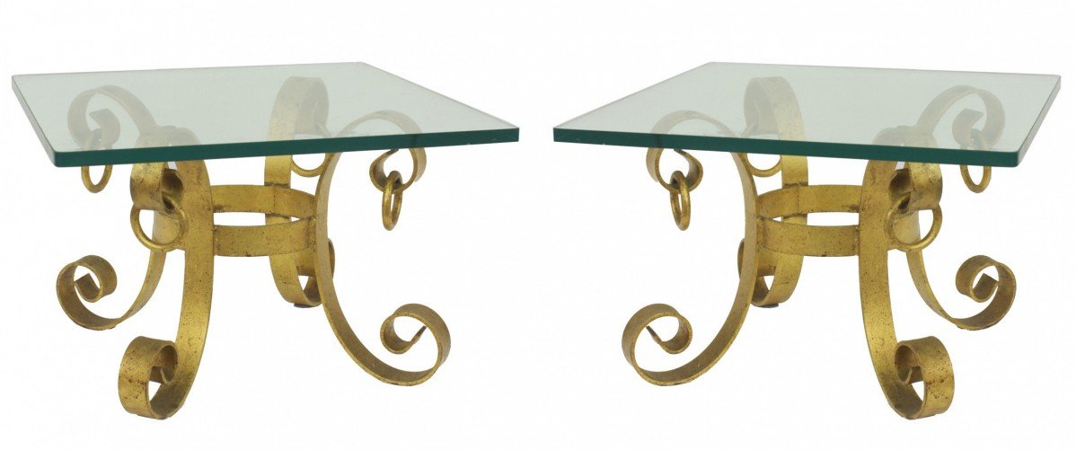 American mid century gilt iron and glass side tables 1