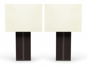 Pair contemporary brown leather table lamps 1