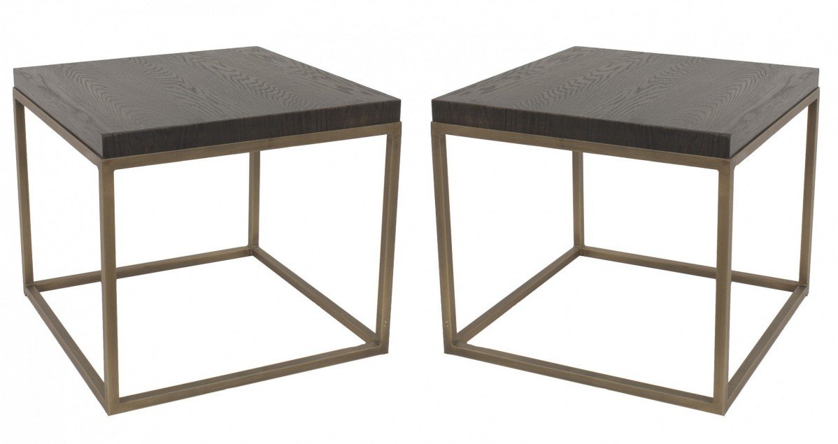Contemporary oak and brass end tables