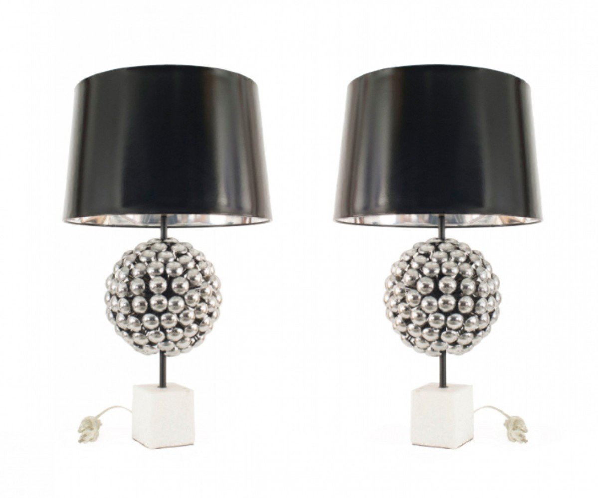 Contemporary italian silver sphere table lamps