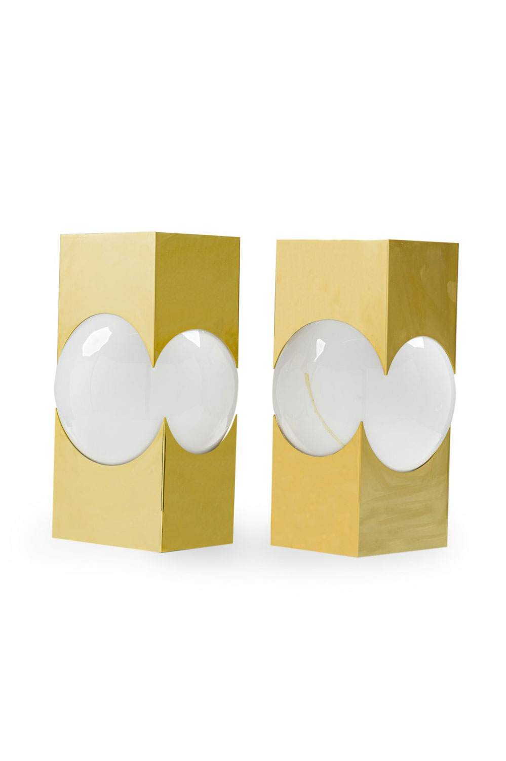 Pair mid century style rectangular brass table lamps with white globe