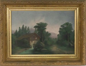 Landscape oil painting of a windmill in a decorative gold frame 1