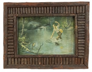 Rustic painting of a fly fisherman