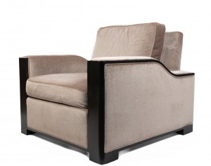 Contemporary cream velvet armchair with dark maple trim