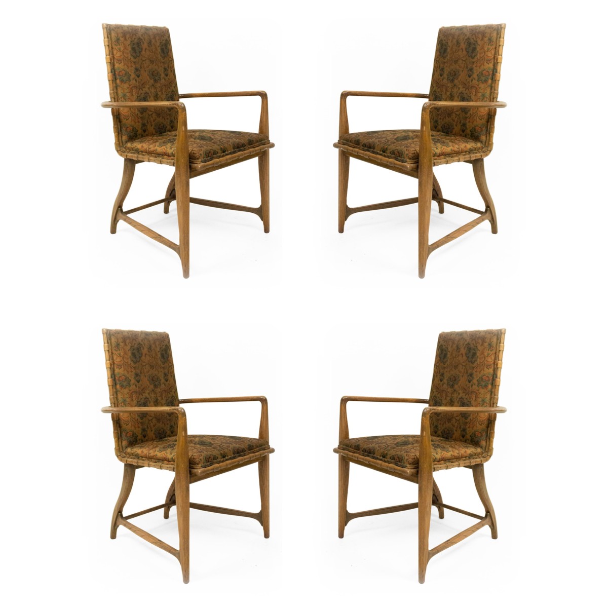 Mid century mapleand floral upholstered studio arm chairs